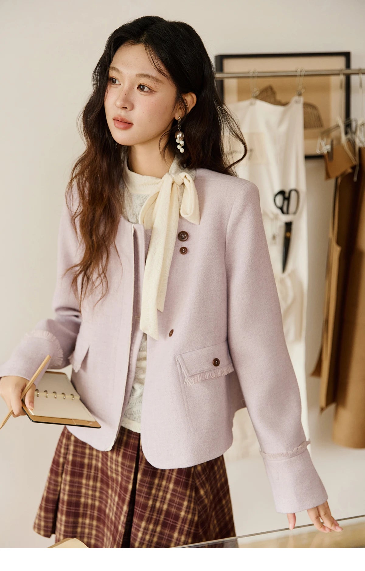 MISHOW Purple Woolen Coat for Women Autumn 2025 Slanted Placket Splicing Lace Coats Shoulder Pads Retro Short Jackets MXE47W0840