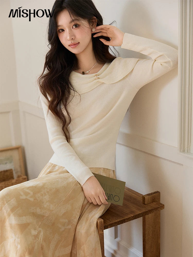 MISHOW Women's Beige Wool Blend Knit Sweater 2026 Spring Asymmetrical Collar Long Sleeve Top Slim Casual Thin Sweater MXF11Z2918