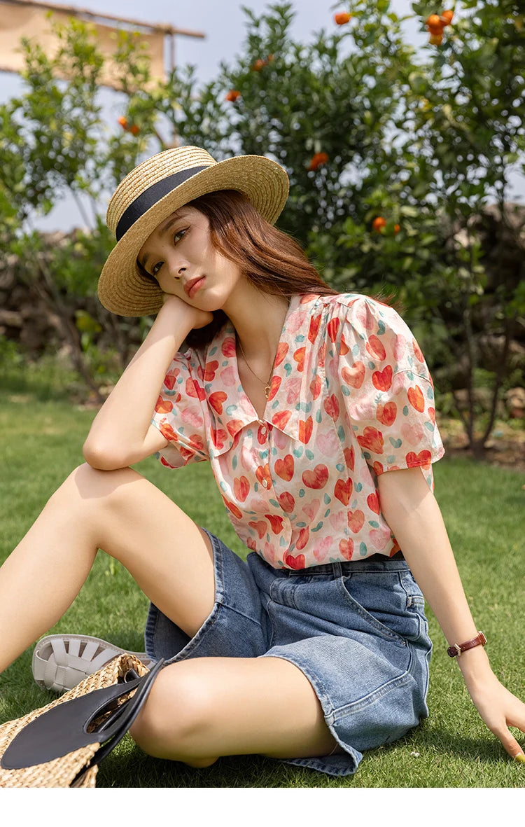 MISHOW Korean Floral Blouse Polo-Neck Puff Sleeve MXB27C0450