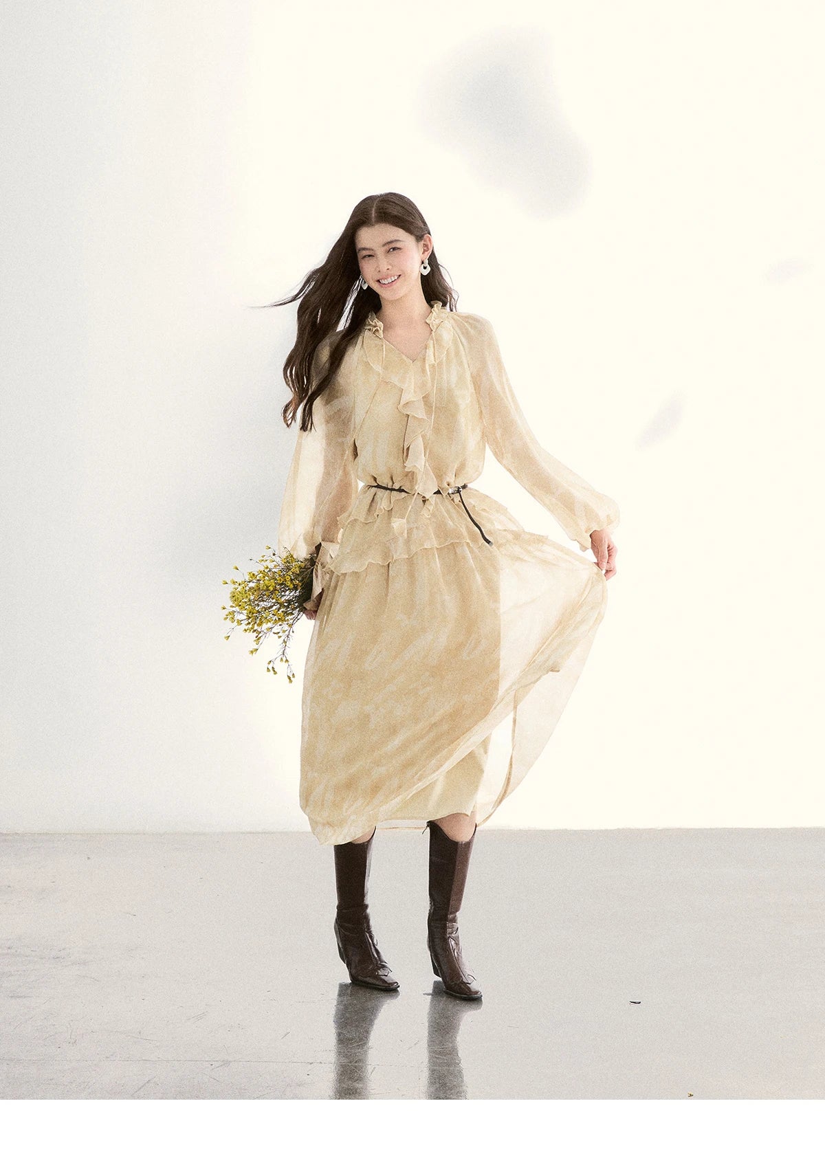 MISHOW Light Yellow Chiffon Maxi Dress 2026 Spring V-Neck Ruffled Belted Floral Print Casual Long Sleeve Dresses MXF11L2554