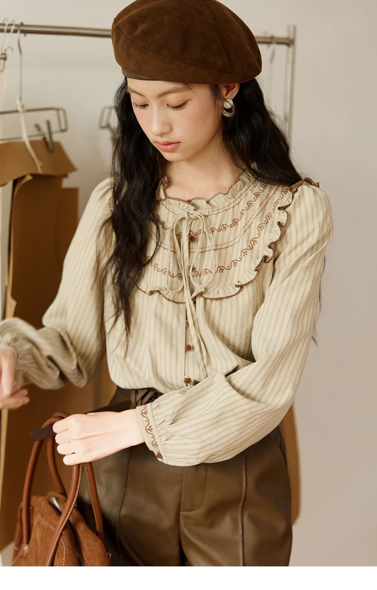 MISHOW Striped Shirt for Woman 2025 New Retro Wood Ear Edge Round Neck Embroidery Top Korean Popular Clothes Autumn MXE46X2492