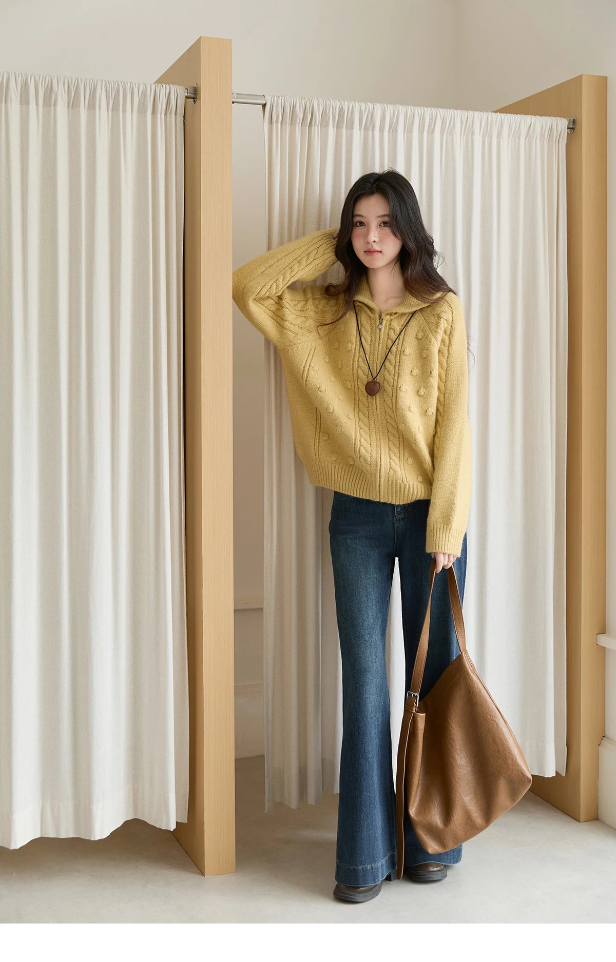 MISHOW Zipper Knit Cardigan Women 2025 Winter Yellow Turn-down Collar Loose Thick Sweater Luxury Comfort Casual Top MXE49Z2619