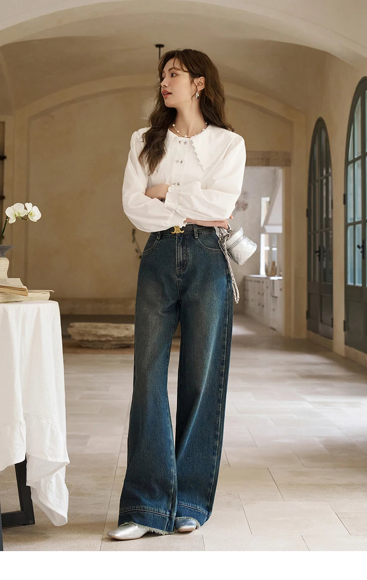 MISHOW American Retro Wide Leg Jeans Spring High Waist Slim Cotton Elastic Denim Straight Trouser Hem Tassels Pants MXD12K0538