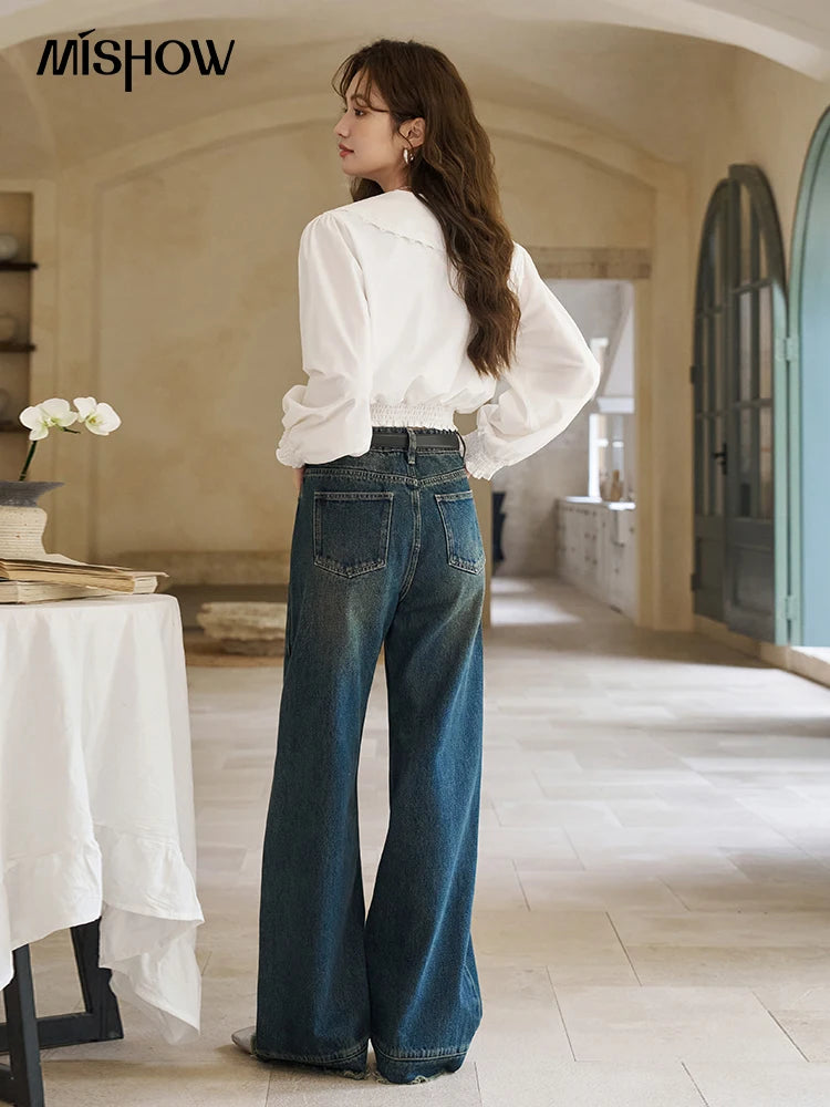 MISHOW American Retro Wide Leg Jeans Spring High Waist Slim Cotton Elastic Denim Straight Trouser Hem Tassels Pants MXD12K0538