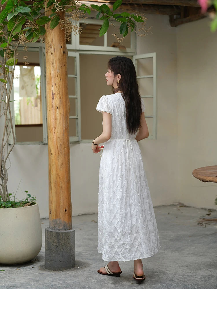 MISHOW Women's V-neck Lace Spliced Dress 2025 Summer New Embroidery Vacation French Style Jacquard Mid-Length Dresses MXE38L2378