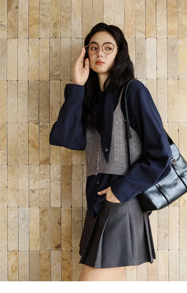 MISHOW Woman Shirt Set 2025 Autumn Fashion New Navy Blue Ribbon Design Layered Shirt Knit Camisole Two-piece Suit MXE47T1412