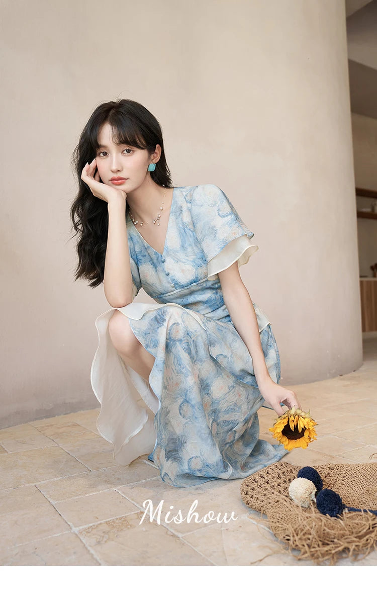 MISHOW [Van Gogh Collection] Fairycore Dresses 2025 Summer Double Layer Sleeves Asymmetrical V-Neck Printing Dress MXC39L1527