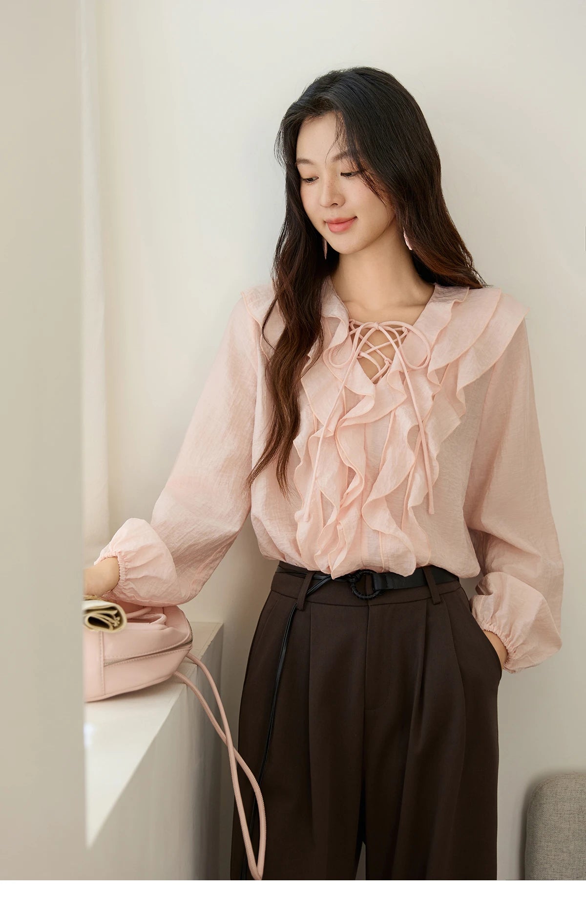 MISHOW Pink Ruffled Blouse for Woman 2025 Autumn New Elegant Sweet V-neck Lace-up Design Shirt Lantern Sleeves Top MXE49X2504