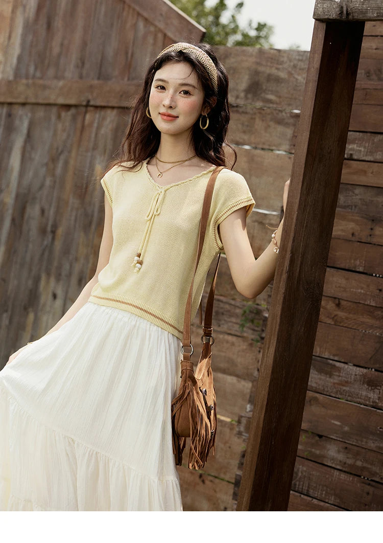 MISHOW Office Lady Summer Knitted Sweater V-neck Short Sleeve Solid Slimming Bead Design Pullover Female Lazy Tops MXE33Z1227