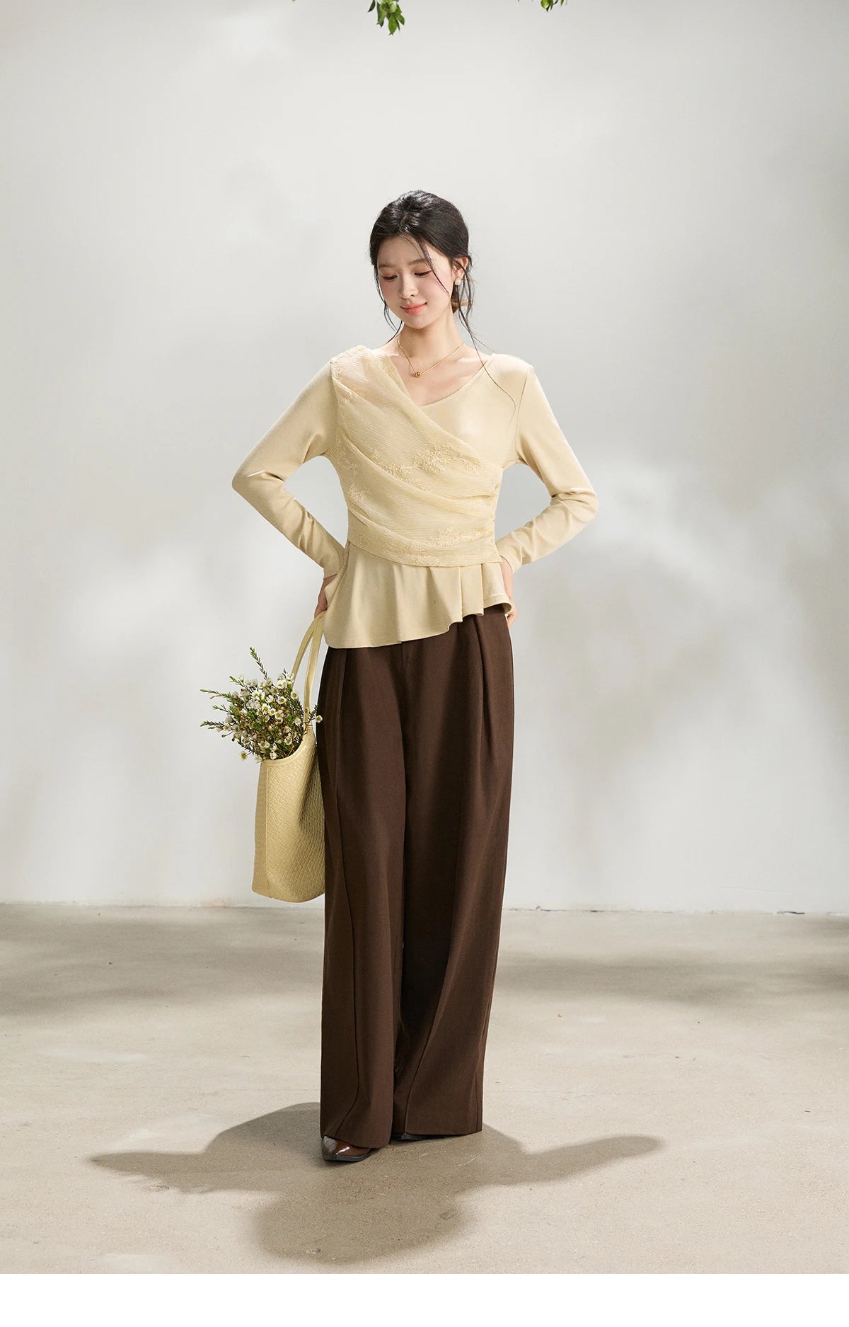 MISHOW Women's Asymmetric Lace Patchwork Tops 2026 Spring V Neck Long Sleeve Top Ruched Waist Ruffled Hem Casual Tees MXF11Z2942