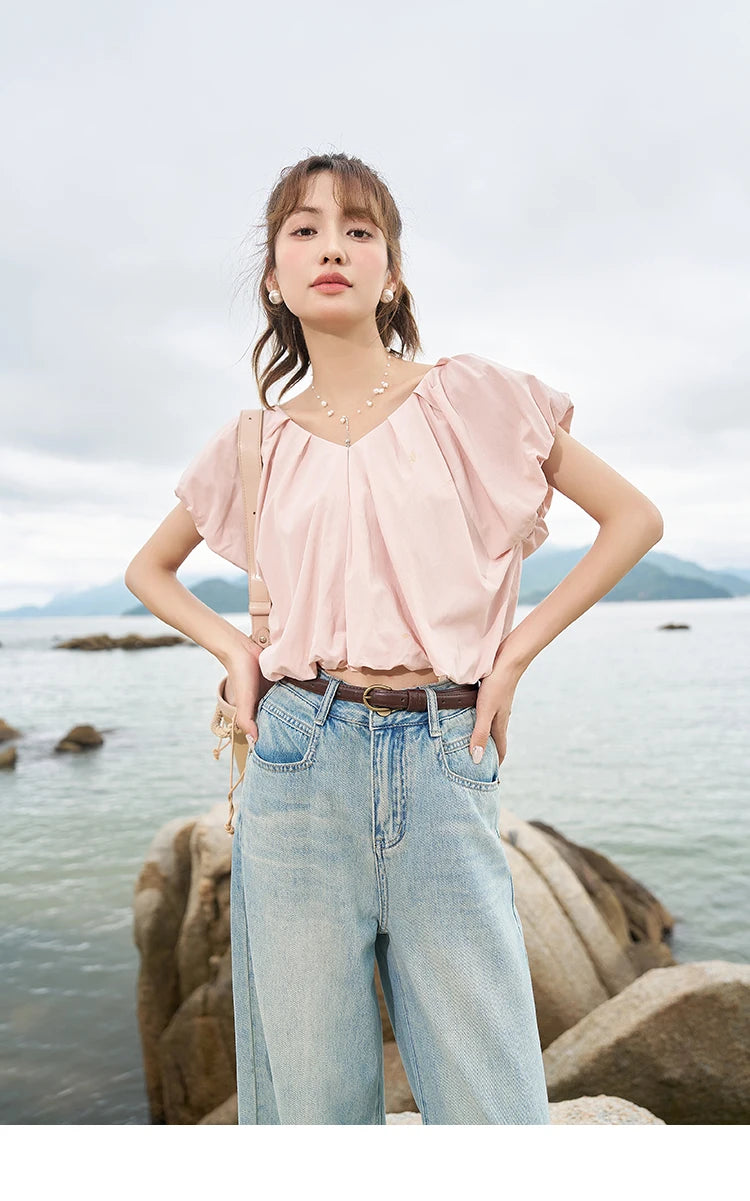 MISHOW Soft Blouses for Women 2025 Summer French Rear Collar Tie Up Solid Short Sleeve Solid V Neck Puff Sleeve Tops MXC38X1275