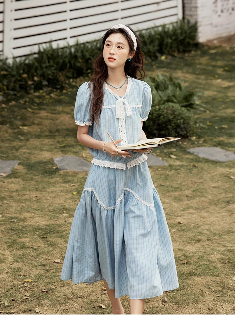 MISHOW Elegant Summer Skirts Sets Women 2025 Short Sleeve V-neck Tops Blue Stripe Lace A-line Skirt Woman Slimming MXE31T0531
