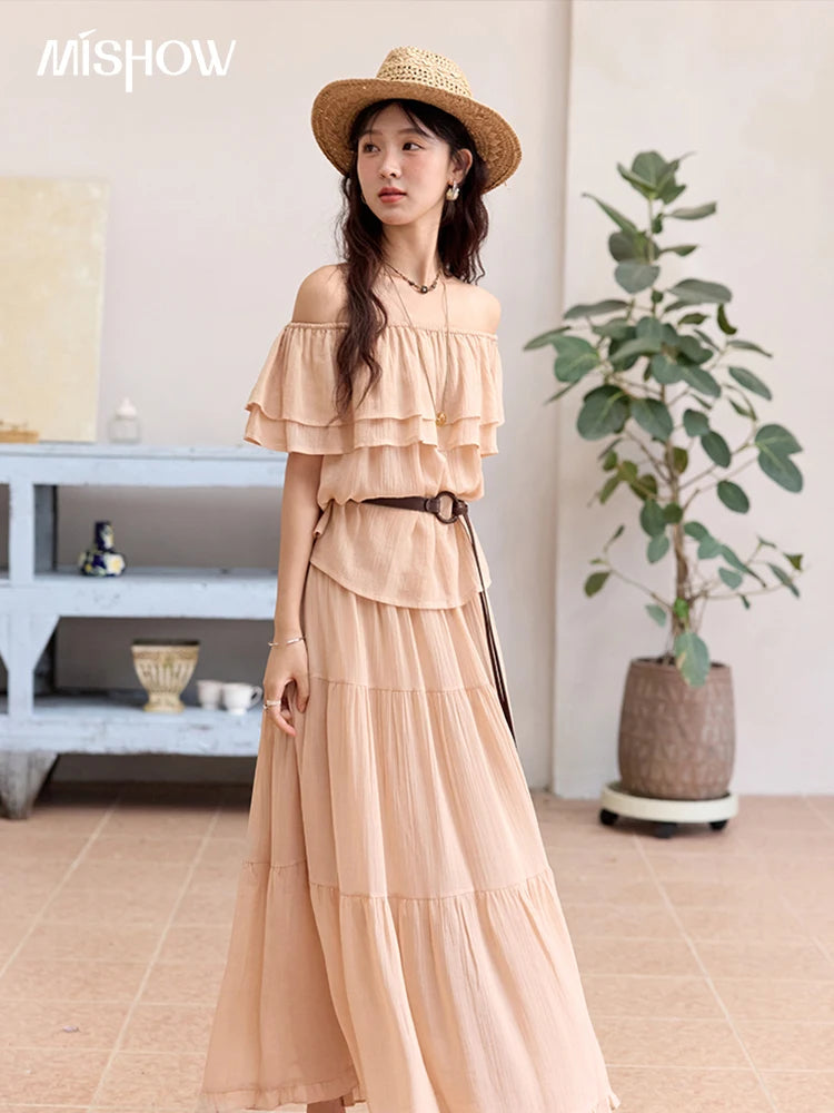 MISHOW Women Fashion Two-Piece Set 2025 Summer Loose Lotus Leaf Edge Off Shoulder Top Elastic Waist Skirt Ladies Set MXE36T0637