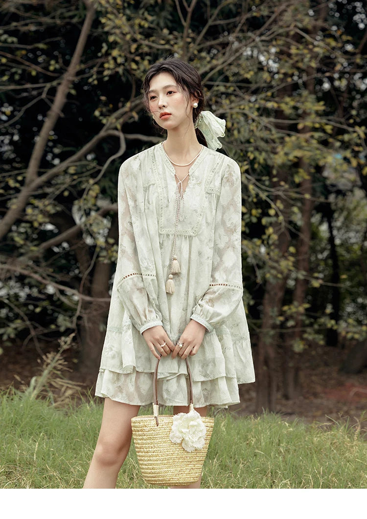 MISHOW Floral V-neck Drawn Tassels Dresses 2025 Spring Summer Hollow Out Lantern Sleeve Dresses Vacation Doll Dress MXE15L2121