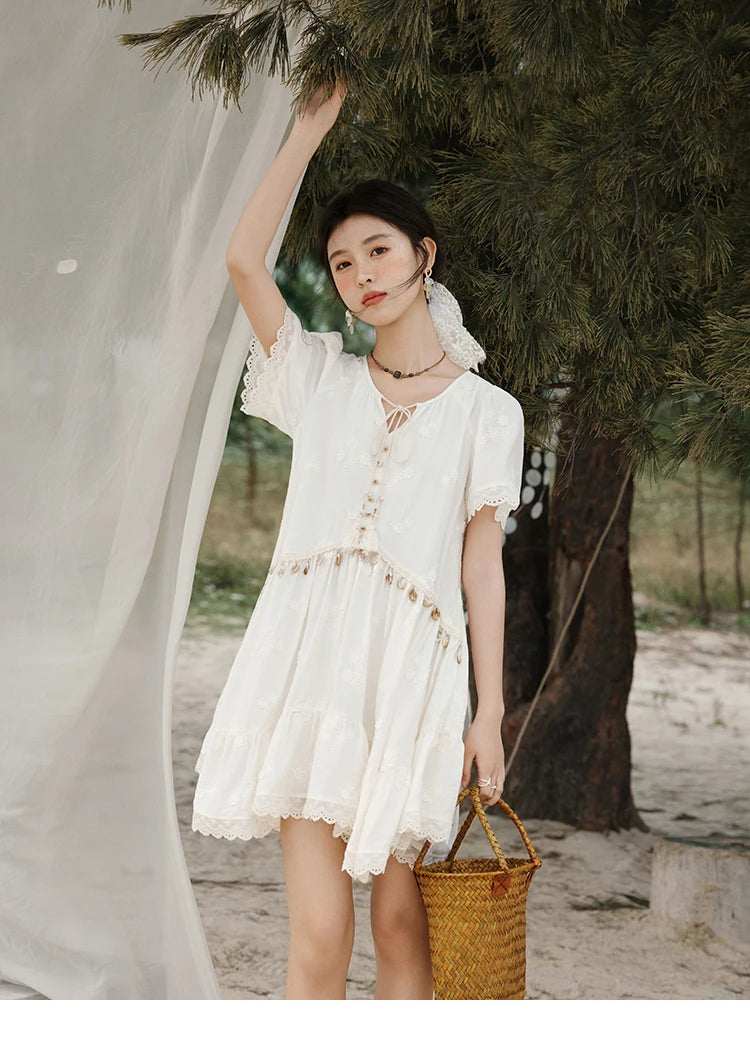 MISOHW Bohemian Solid Women's Summer Dress New 2025 Short Sleeve V-neck Shell Lace Midi Dresses for Woman Fashion MXE33L2195