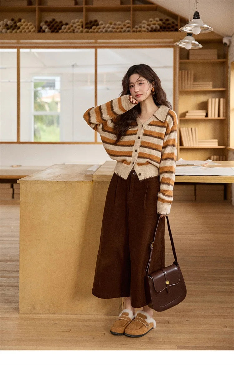 MISHOW Striped Cardigan for Women 2025 Winter Retro Unique Design V-neck Single-breasted Sweater Wool Long Sleeve Top MXE87Z2681