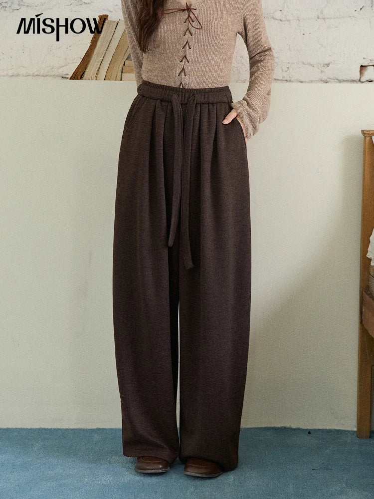 MISHOW Brown Wide-leg Pants for Women2025 Winter Thickened Warm Drawstring Waistband Retro Casual Trousers Woman MXE87K1126