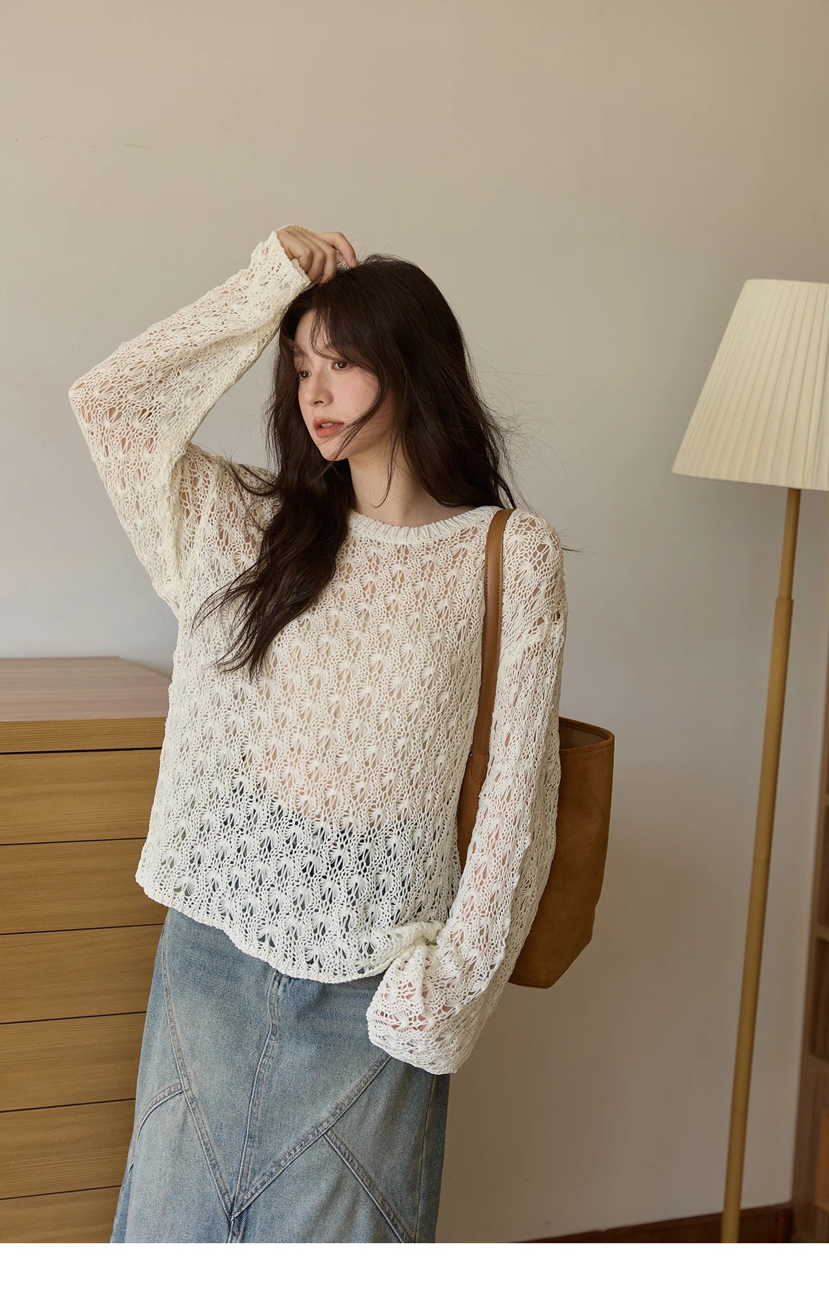 MISHOW Women's Hollow Knitted Tops 2025 Autumn Jacquard Weave Breathable Top Solid Dropped Sleeve Knitted Sweaters MXE43Z1360