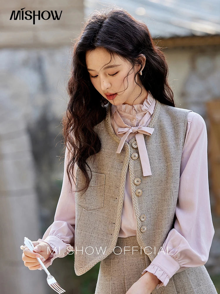 MISHOW Korean Woolen Texture Vest Short Skirt Separately Spring Outfit V-neck Vest Coats Slim A-line Pleated Skirts MXE13W0708