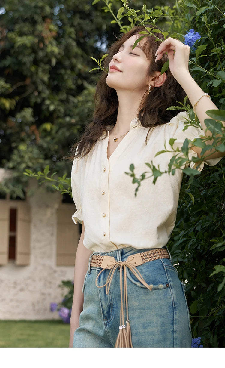 MISHOW Suspender Denim Dress Paired Blouse Separately 2024 Summer V Neck Puff Sleeve Top Back Elastic Waist Dress MXD21L1664