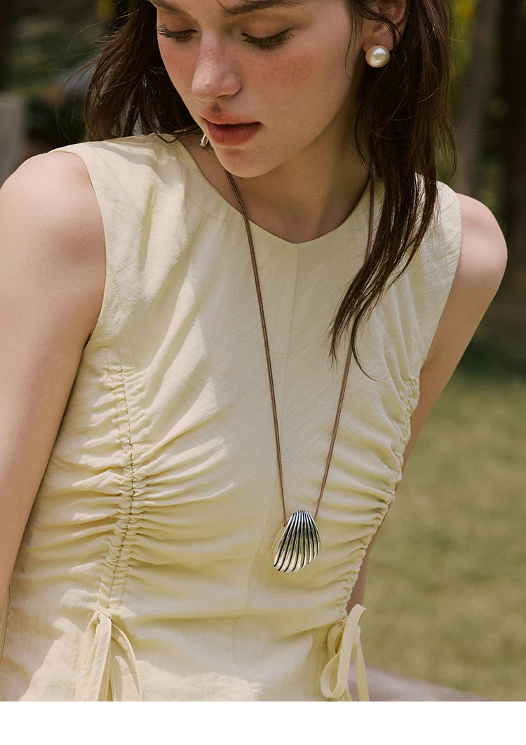 MISHOW Office Lady Summer Dress Women New 2025 Sleeveless Round Neck Drawstring Waist with Pockets Slim Dresses Woman MXE34L2228