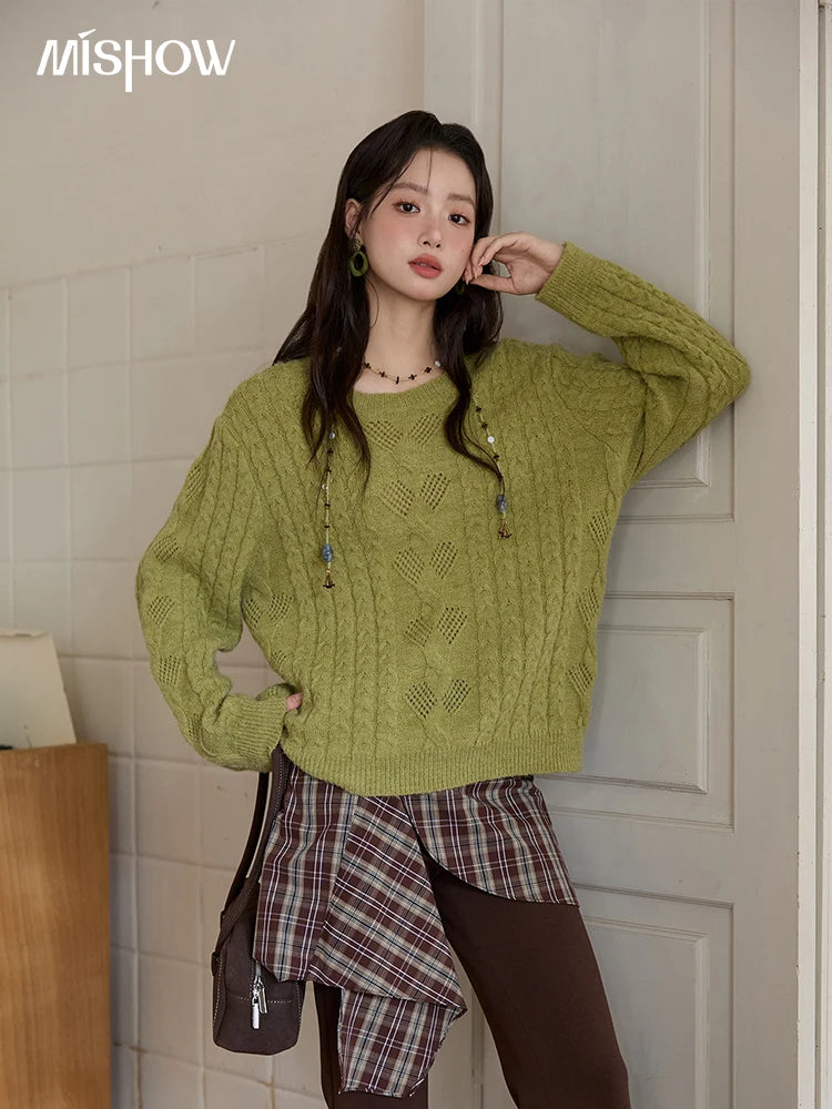 MISHOW  Sweater for Woman 2025 Autumn Winter Green Retro Twisted Rope Hollow Design Loose Knit Top Luxury Commuter MXE49Z2520