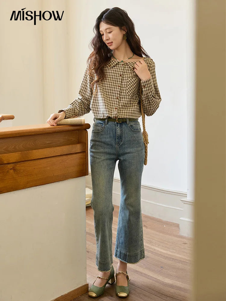 MISHOW Women's Casual Shirts Cotton Autumn Side Slit Pockets Plaid Shirts Commute  Elegant Chic Woman Top with Belt MXE44X2469