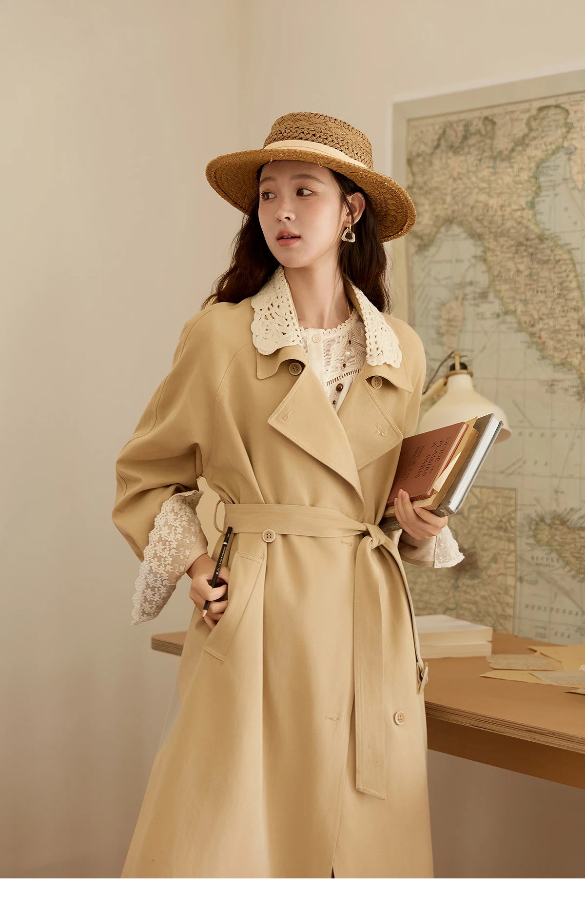MISHOW Trench Coat Women 2025 Autumn Fashion Light Khaki Lace Long Windbreaker Jacket Long-sleeved Coat with Belt MXE45W0830