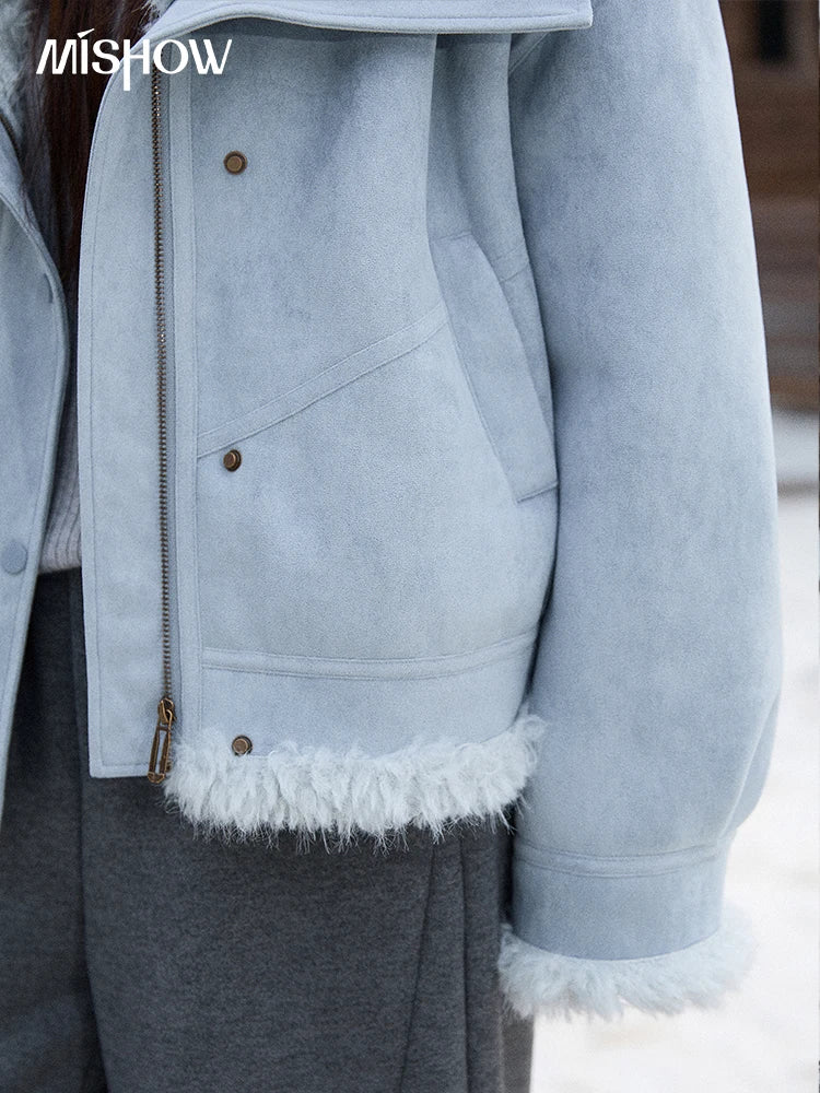 MISHOW Women's Blue Jacket 2025 Winter Blue Plush Turn-down Collar Zip-up Coat Fashion Casual Warm Loose Coat Woman  MXE87W0917