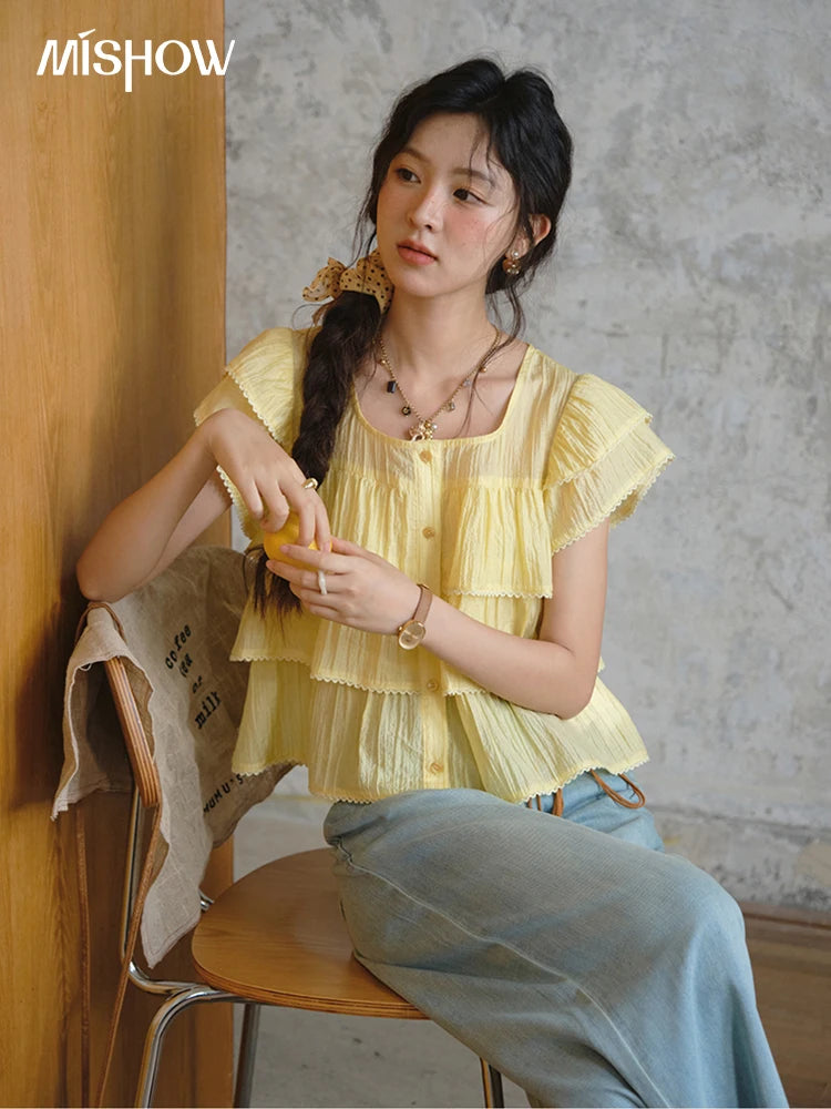 MISHOW Butterfly Sleeve Chiffon Shirt Women's 2025 Summer New Women's Clothing Retro Square Neck Button Casual Shirt MXD30X1488