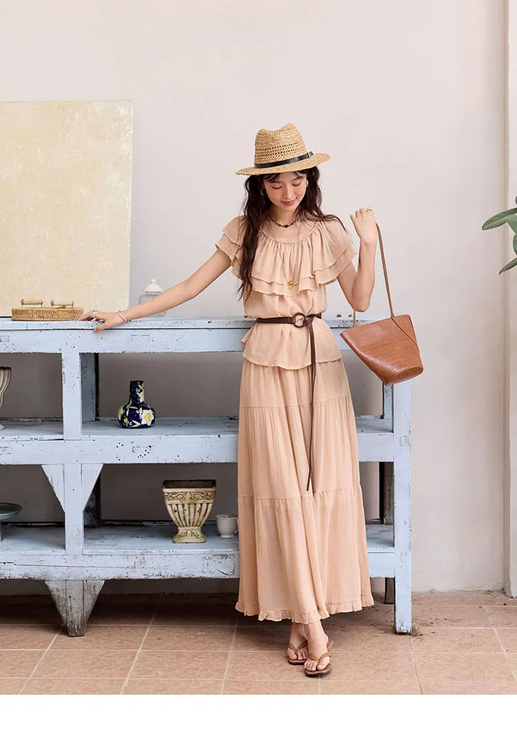 MISHOW Women Fashion Two-Piece Set 2025 Summer Loose Lotus Leaf Edge Off Shoulder Top Elastic Waist Skirt Ladies Set MXE36T0637