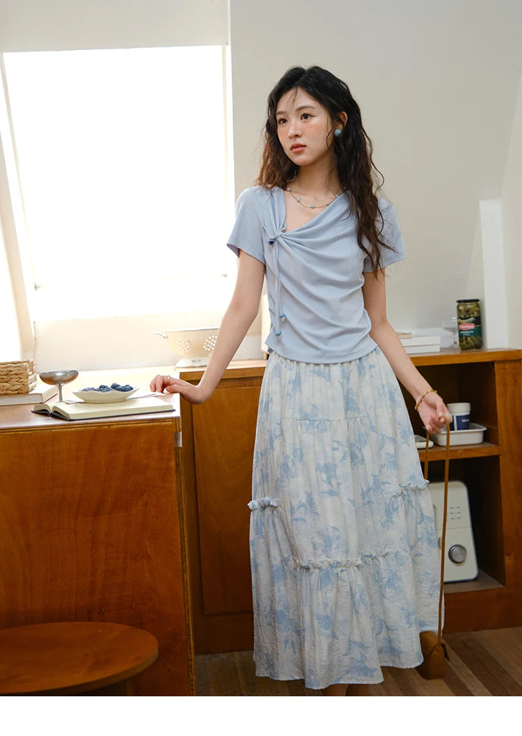 MISHOW Two Piece Set Women's Fashion Lace Up Top 2025 Summer New Casual Print Wide Leg Half Skirt Set Ladies Clothing MXE35T0596