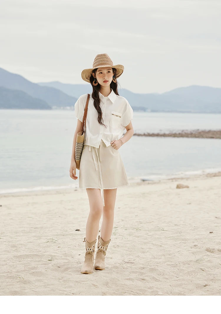 MISHOW Casual Summer Blouses Women 2025 New Short Puff Sleeve Turn Down Collar Shirt Female Fashion Shell Ribbon Tops MXE33C0773