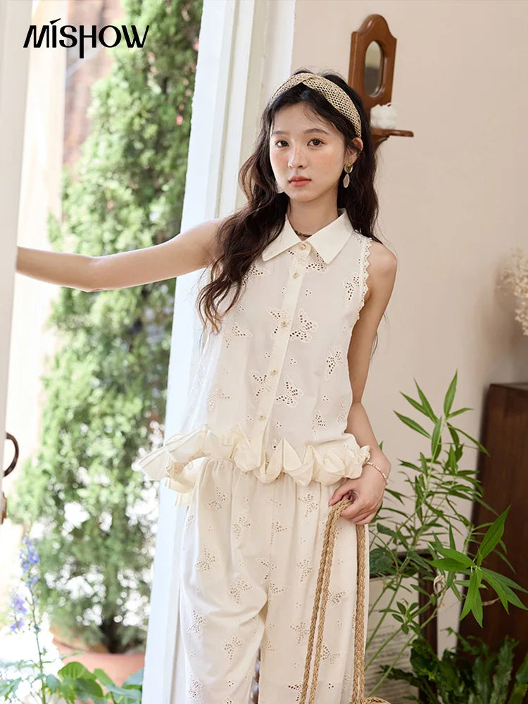 MISHOW 100 Cotton Butterfly Hollow Lace Lapel Shirt for Women Single Breasted Elegant Breathable Shirts with Tube Top MXE34X1808