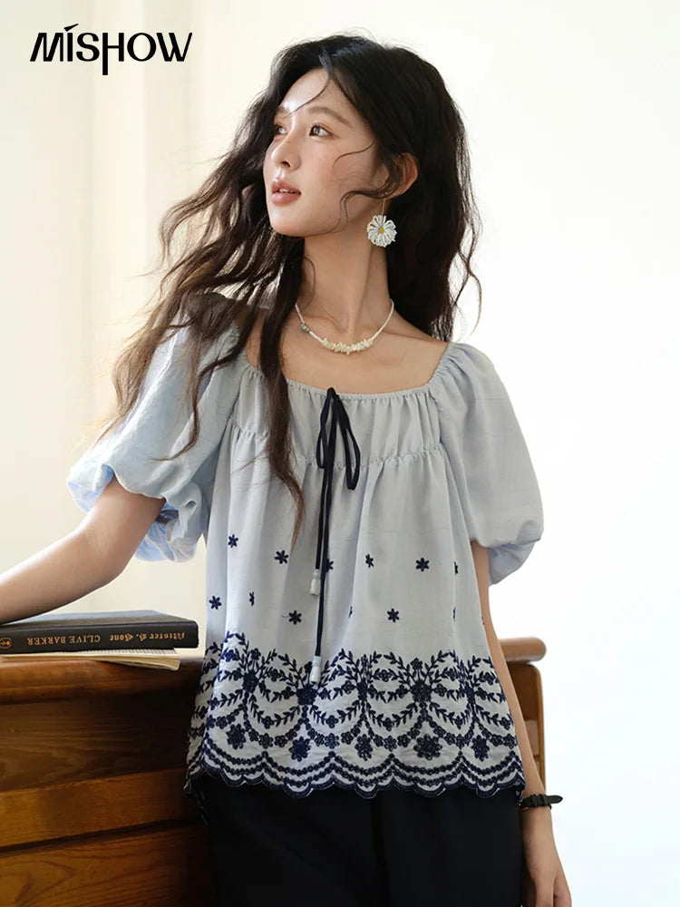 MISHOW Women's Summer Loose Print Blouse 2025 New Fashion Square Neck Lace Up Puff Sleeve Blue Blouse Female Clothing MXE36X1799