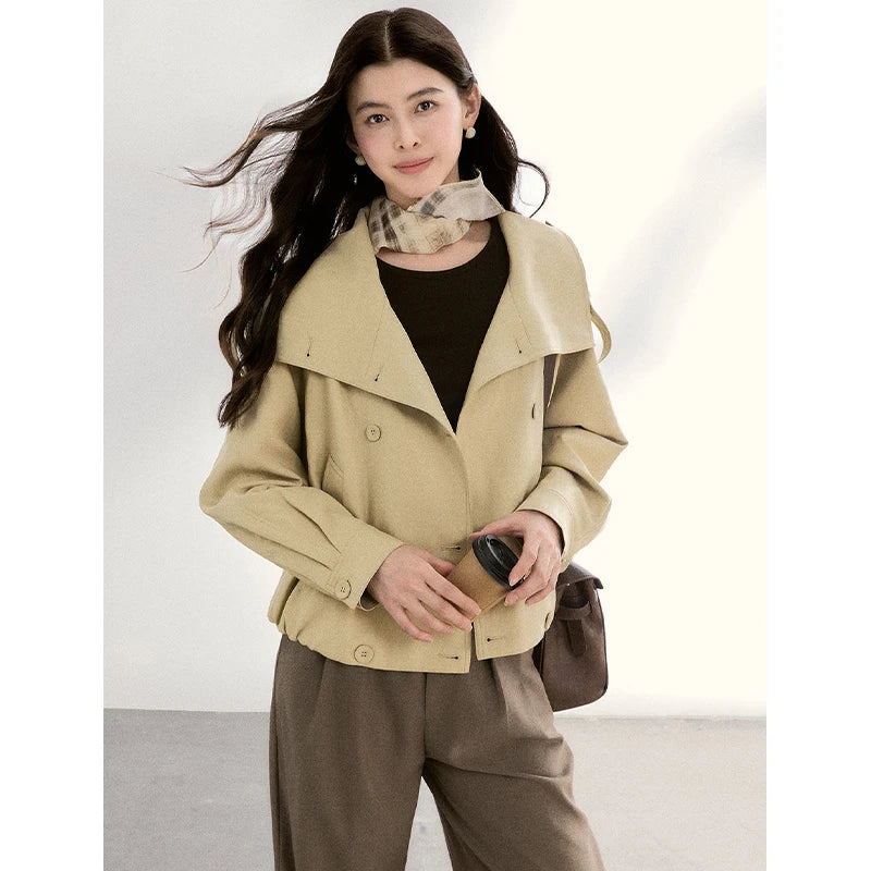MISHOW Women's Khaki Cropped Short Leather Jacket 2026 Spring Lapel Stand Collar Double Breasted Casual Loose Coat MXF108W1000