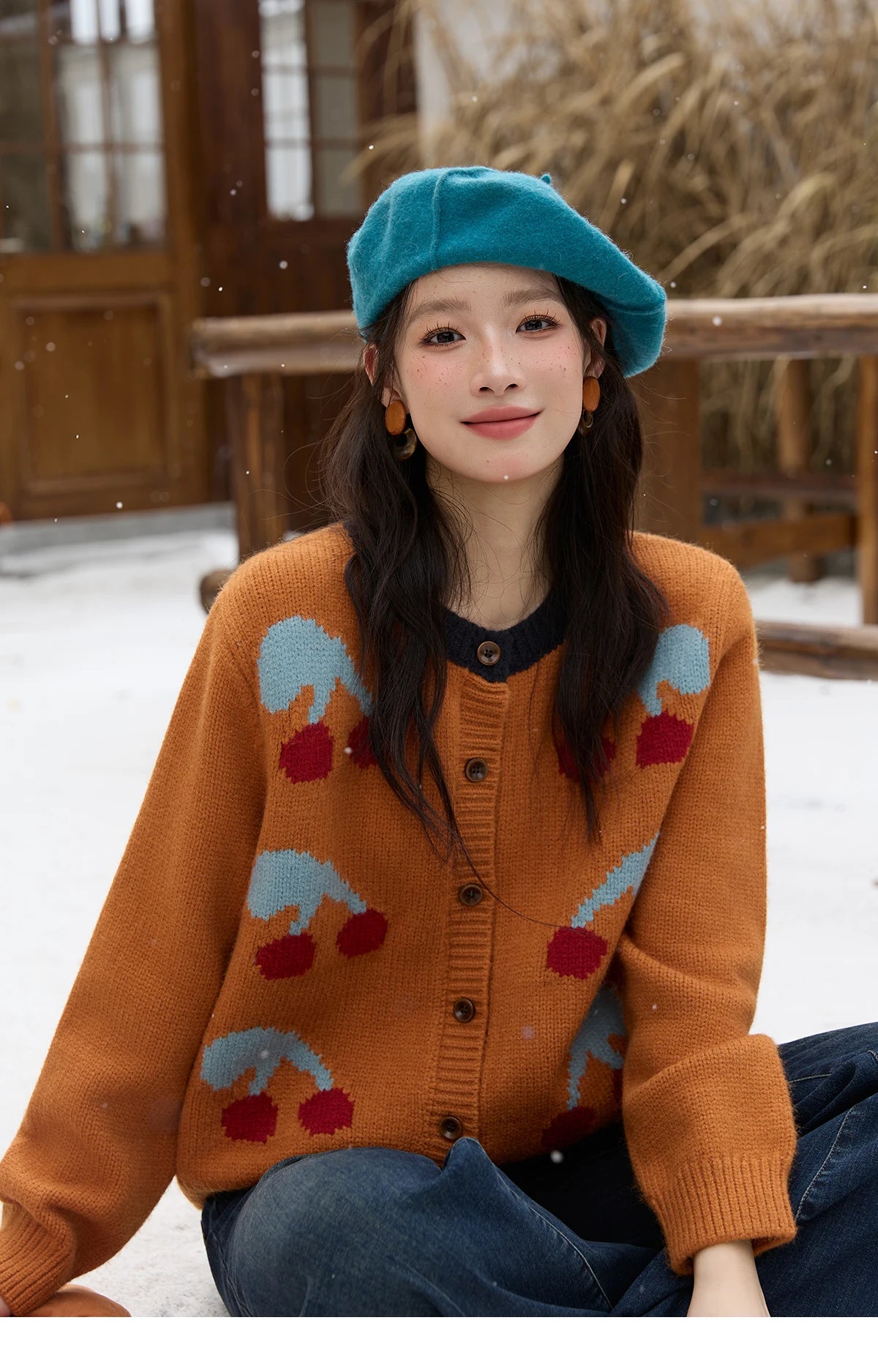 MISHOW Cherry Jacquard Knitted Cardigan for Women 2025 Winter Retro Sweet Round Neck Long Sleeves Sweater Commute Top MXE88Z2689