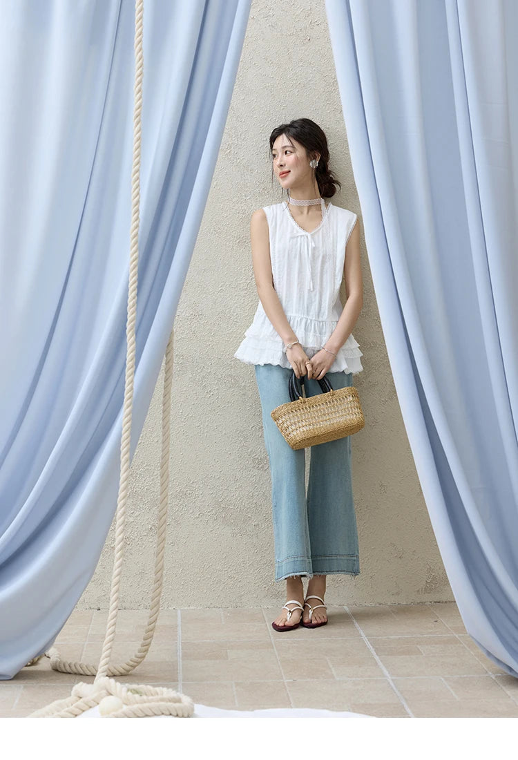 MISHOW Versatile Summer Vest Women 2025 New Solid V-neck Lace Cake Hem Sleeveless Vests Female Fashion Straight Tops MXE31X1779