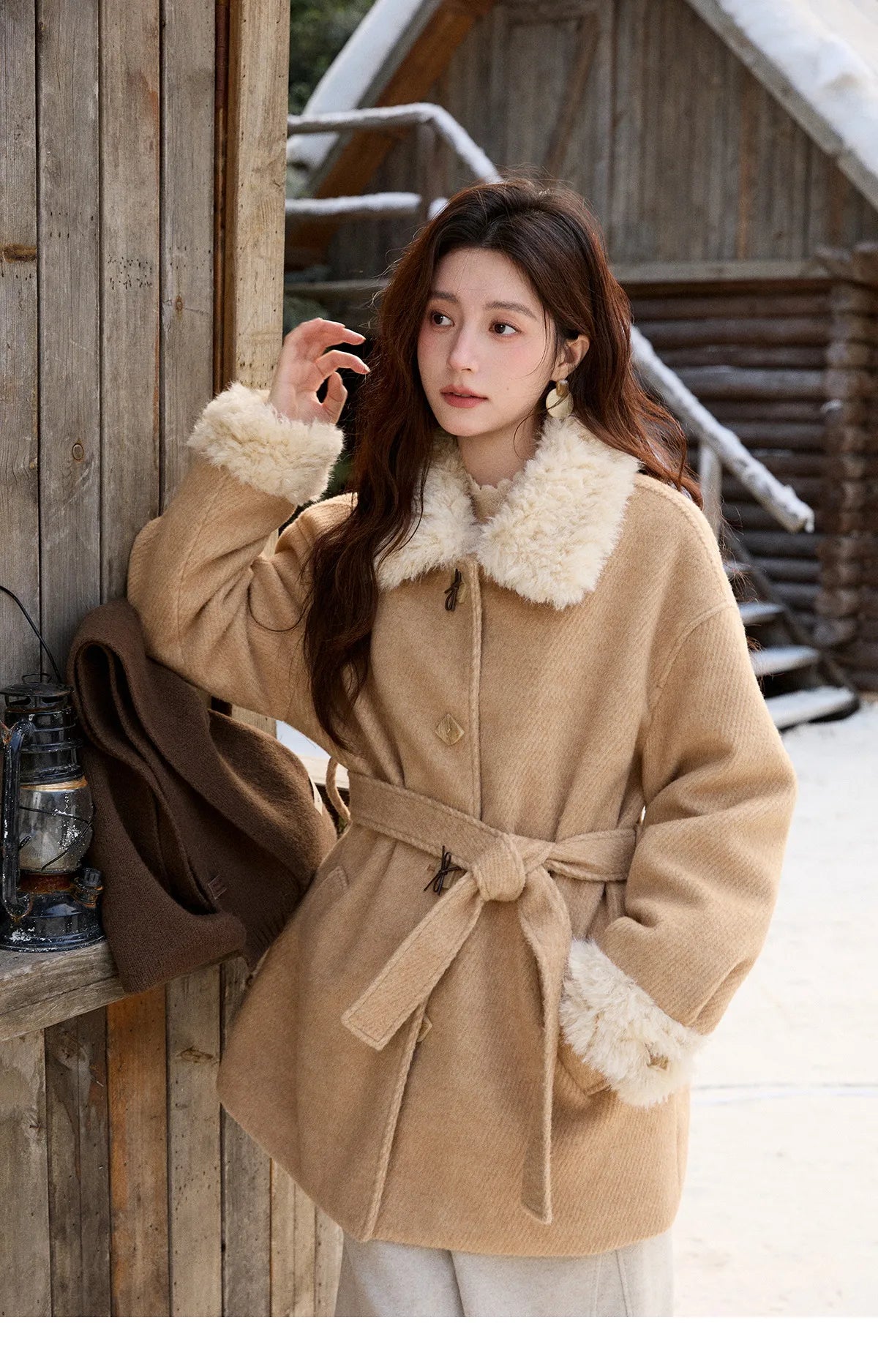 MISHOW Women's Thick Wool Blend Coat 2025 Winter Korean Retro Fleece Patchwork Coats Belted Lapel Elegant Overcoat MXE92W0997