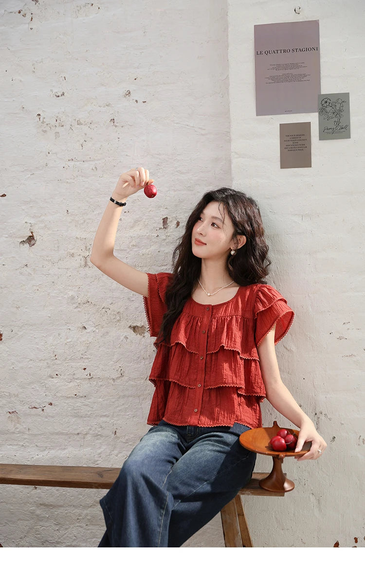 MISHOW Women's French Square Collar Blouses 2024 Summer Retro Red Ruffle Lace Cake Top Puff Sleeve Solid Sweet Blouse MXD30X1488