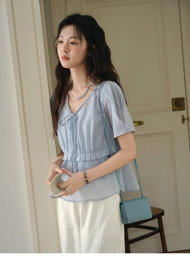 MISHOW Women's Fashion V-neck Blouse Summer 2025 New Splicing Button Commut Ladies Lace Up Casual Short Sleeve Top MXE34X1821