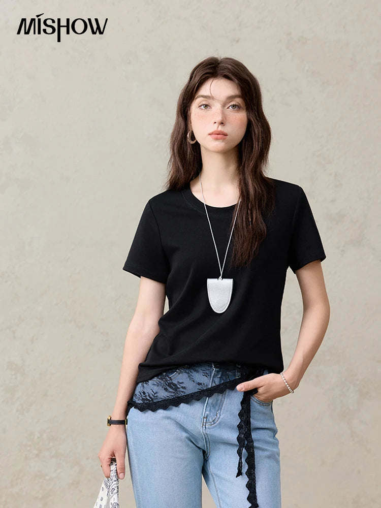 MISHOW Casual Summer T-shirts Women Short Sleeve Round Neck Solid Straight Shoulder Shirt Female Fashion Slimming New MXE31T0532