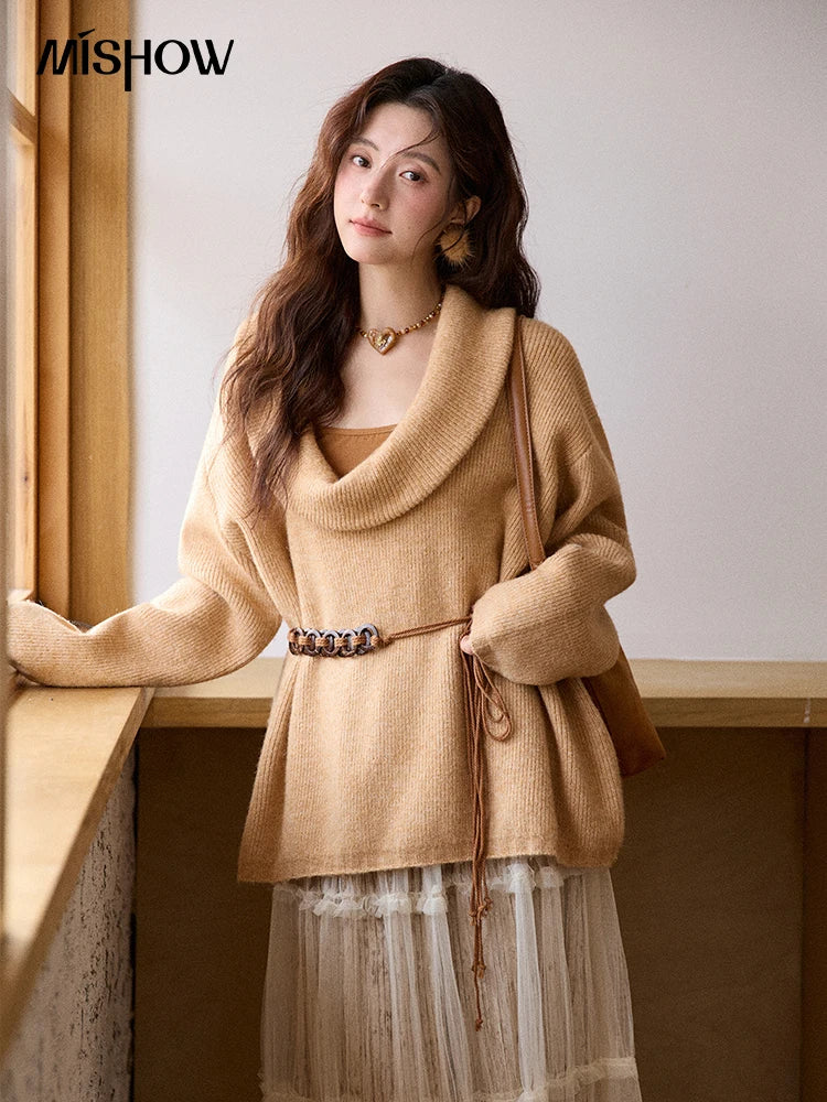 MISHOW Women's Orange Sweater 2025 Winter French Style Luxury Loose Long-sleeved Sweater Vest Belt Three-piece Set  MXE86T1437