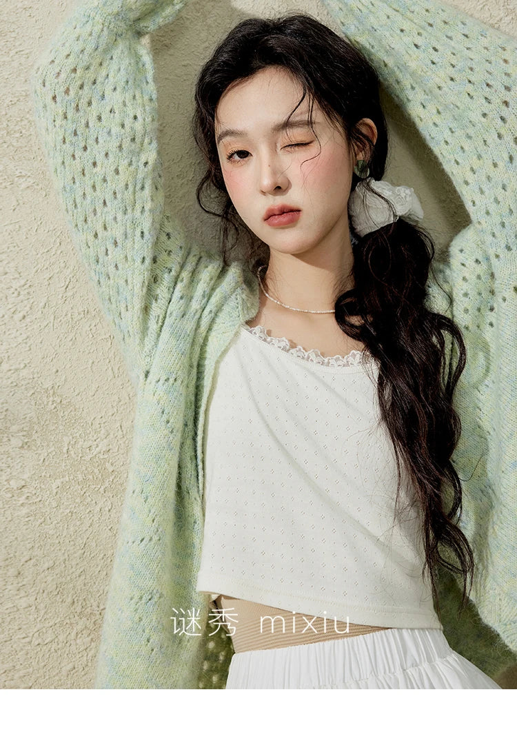 MISHOW Green Knitted Cardigan for Women Spring 2025 Loose Hollow Out Wave Neck Commuting Slim Open Stitch Cardigan MXE12Z1212