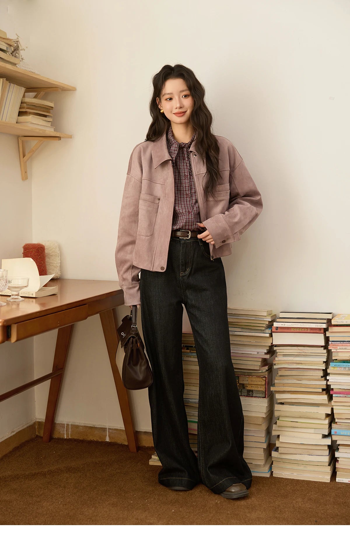 MISMHOW Taro Purple Leather Jacket Autumn 2025 Contrasting Splic Short Jackets Symmetrical Double-layer Pocket Coat MXE44W0816