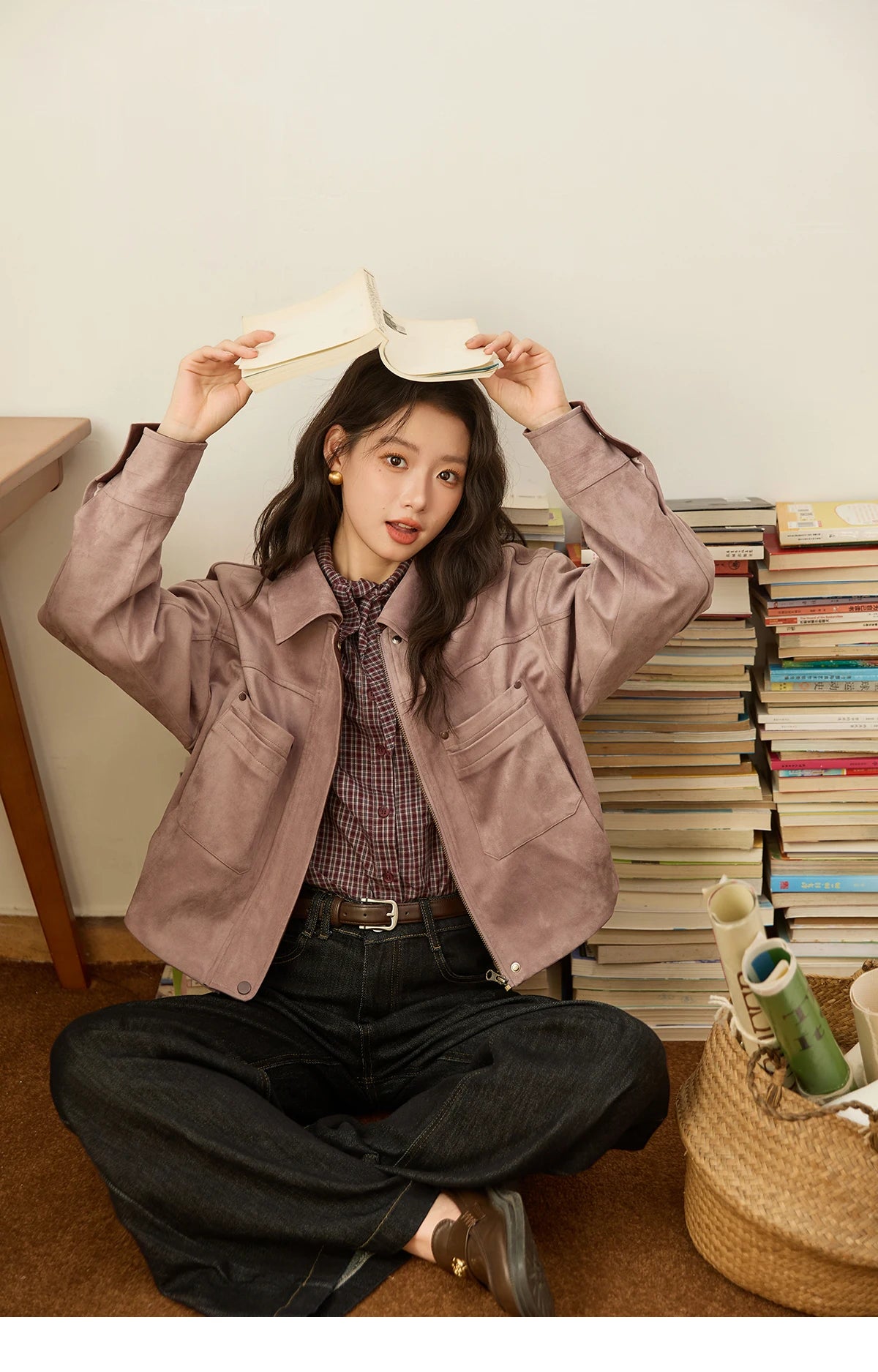 MISMHOW Taro Purple Leather Jacket Autumn 2025 Contrasting Splic Short Jackets Symmetrical Double-layer Pocket Coat MXE44W0816