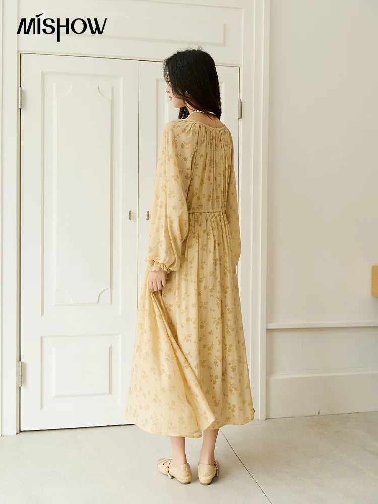 MISHOW Yellow Printing Dress for Woman 2025 Autumn Elegant Lace Lantern Sleeve Waist Slim Long Dress V-neck Dress MXE47L2527