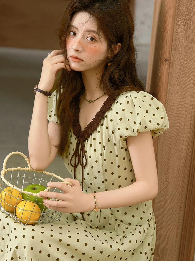 MISHOW Women's Casual Polka Dot Dress 2025 Summer New Ladies Puff Sleeve V-neck Lace Up Ruffle Edge Pocket Dresses MXE39L2326