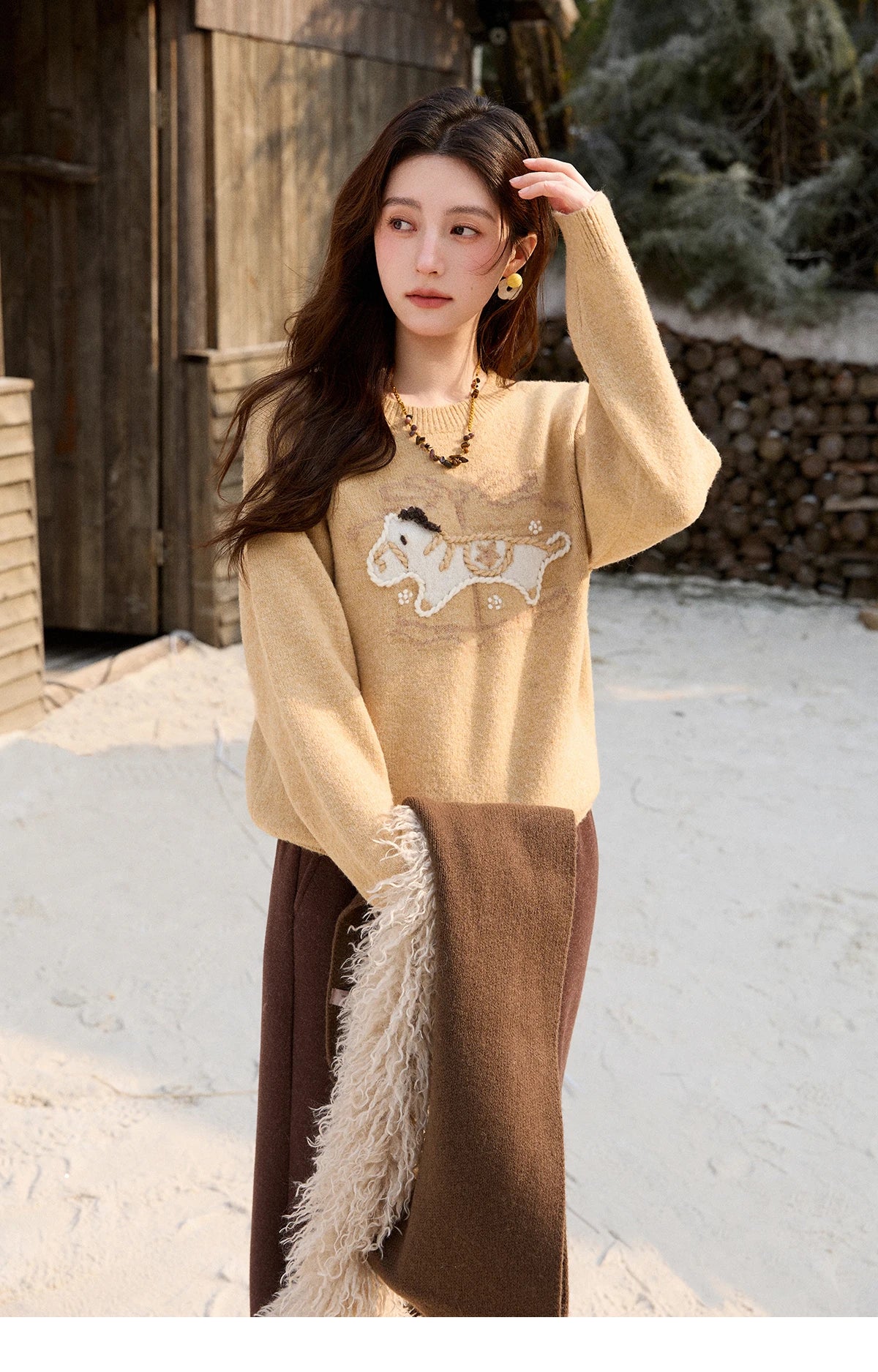 MISHOW Handmade Embroidered Jacquard Sweater for Women in Autumn Winter 2025 Thick Pony Knitted Pullover Sweaters MXE92Z2848
