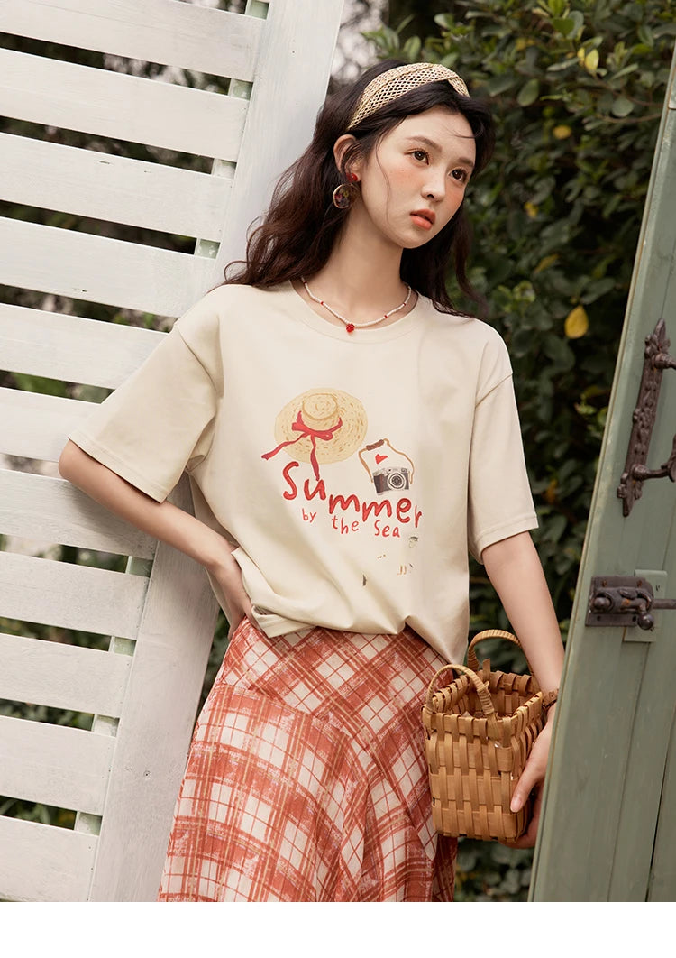 MISHOW Women's Print T-shirt 2025 Summer New Loose Casual T-shirt Ladies Round Neck Short Sleeve Tee Female Clothing MXE34T0559